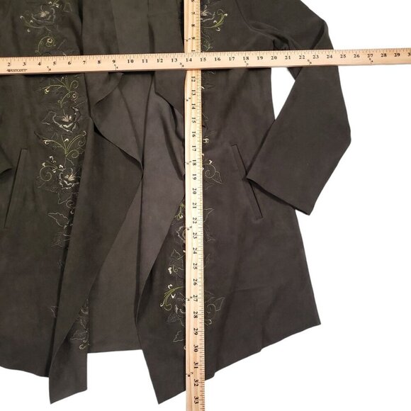 Chico’s Womens Faux Suede Drape Jacket Floral Embroidered Detail Green Size 8/10 - Picture 8 of 10